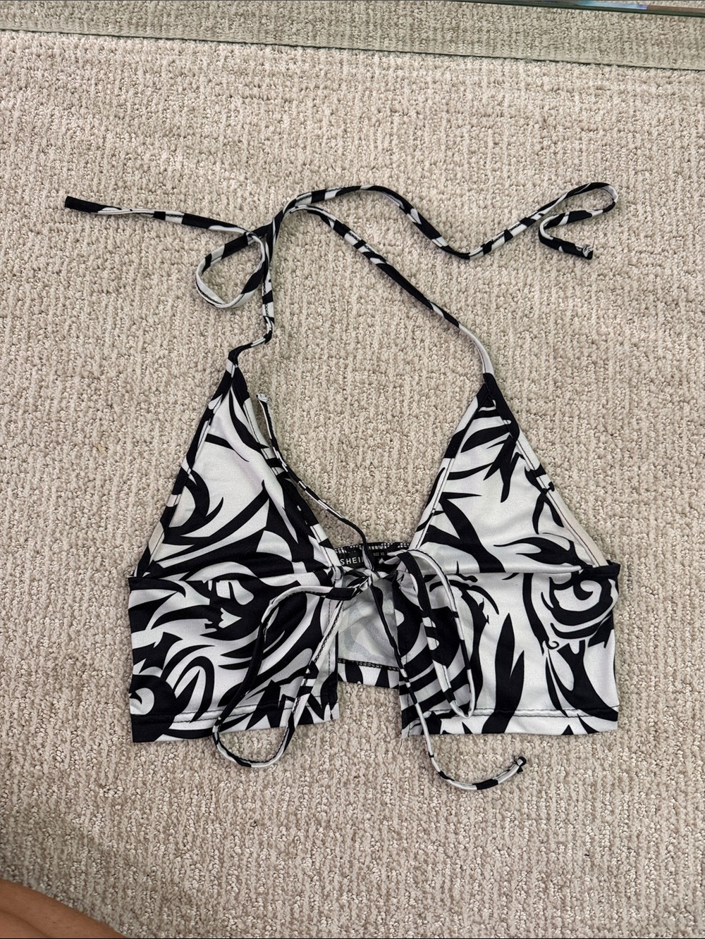 SHEIN Black and White Tie-Front Halter Crop Top
